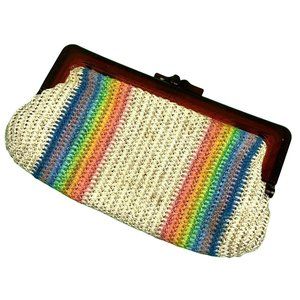 Vintage Rainbow Clutch Purse Bag Handbag Kiss Lock Woven Straw Plastic Pride